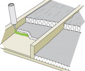 Foam board laid between the joists and caulked as an air and vapour barrier