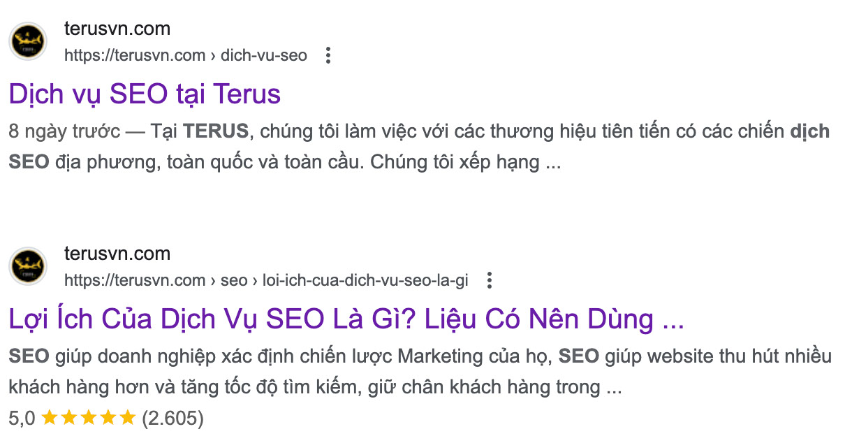 Website xuất hiện trong công cụ tìm kiếm